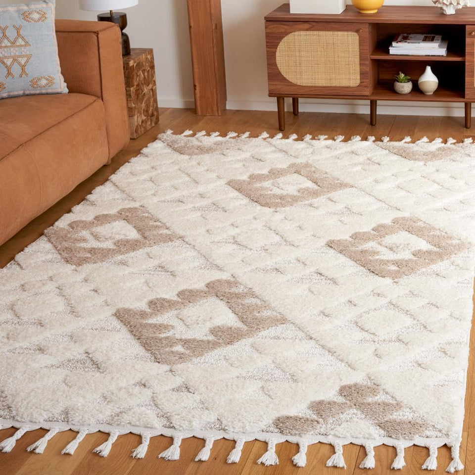 SAFAVIEH Area Rug 8x10 - Moroccan Tassel Shag Collection - Large - Ivory & Brown, Boho Design, Non-Shedding & Easy Cleaning, Plush Pile, Ideal for Living Room, Bedroom, Dining Space (MTS688A)