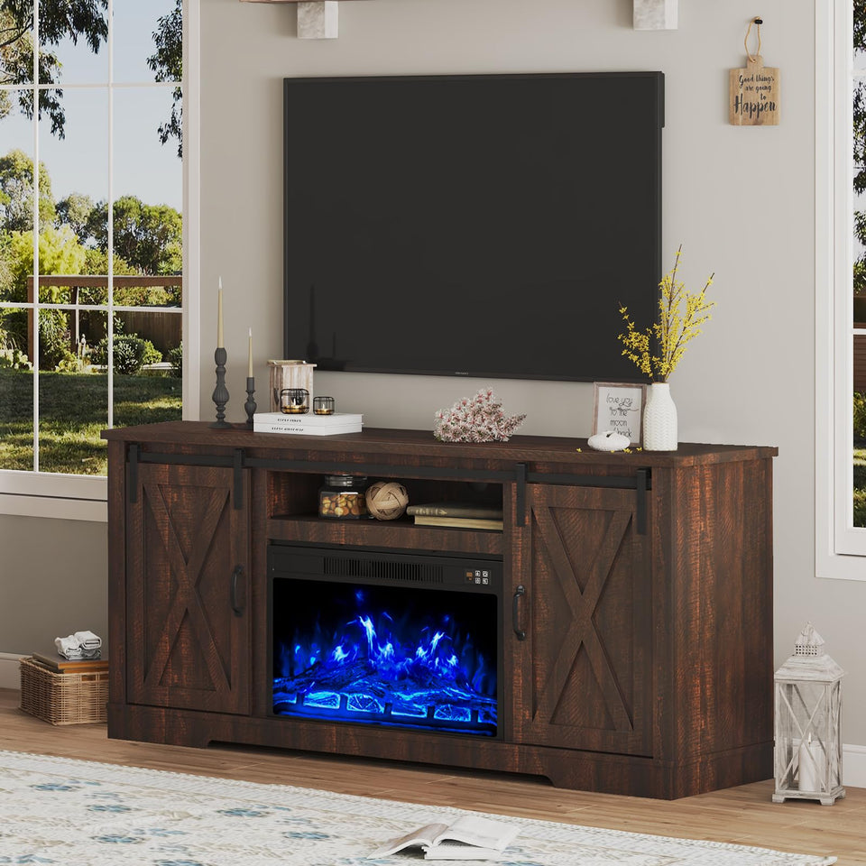 AMERLIFE Fireplace TV Stand with Sliding Barn Door for TVs up to 73", Farmhouse 63" Fireplace Entertainment Center with Storage Cabinets/Adjustable Shelves, Distressed White & Barnwood
