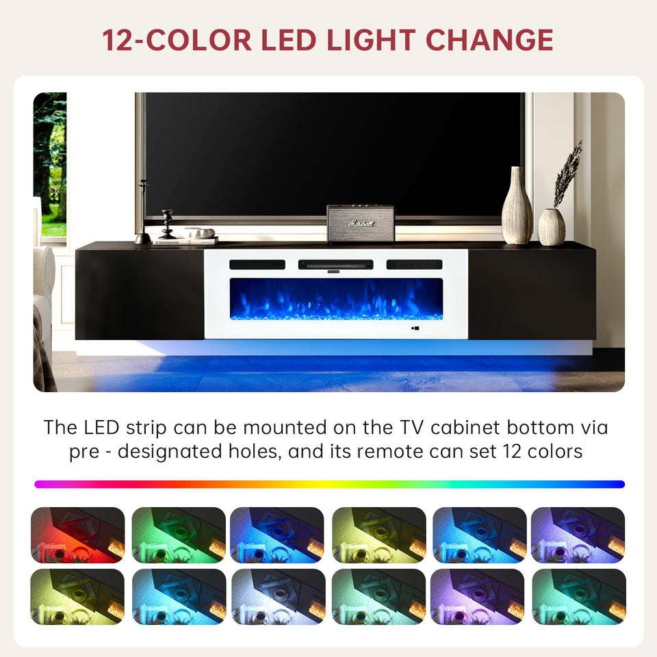 oneinmil 70" Floating TV Stand with 36" Electric Fireplace, Wall Mounted Fireplace Entertainment Center with Storage, Fire Place TV Console for Living Room, All Black