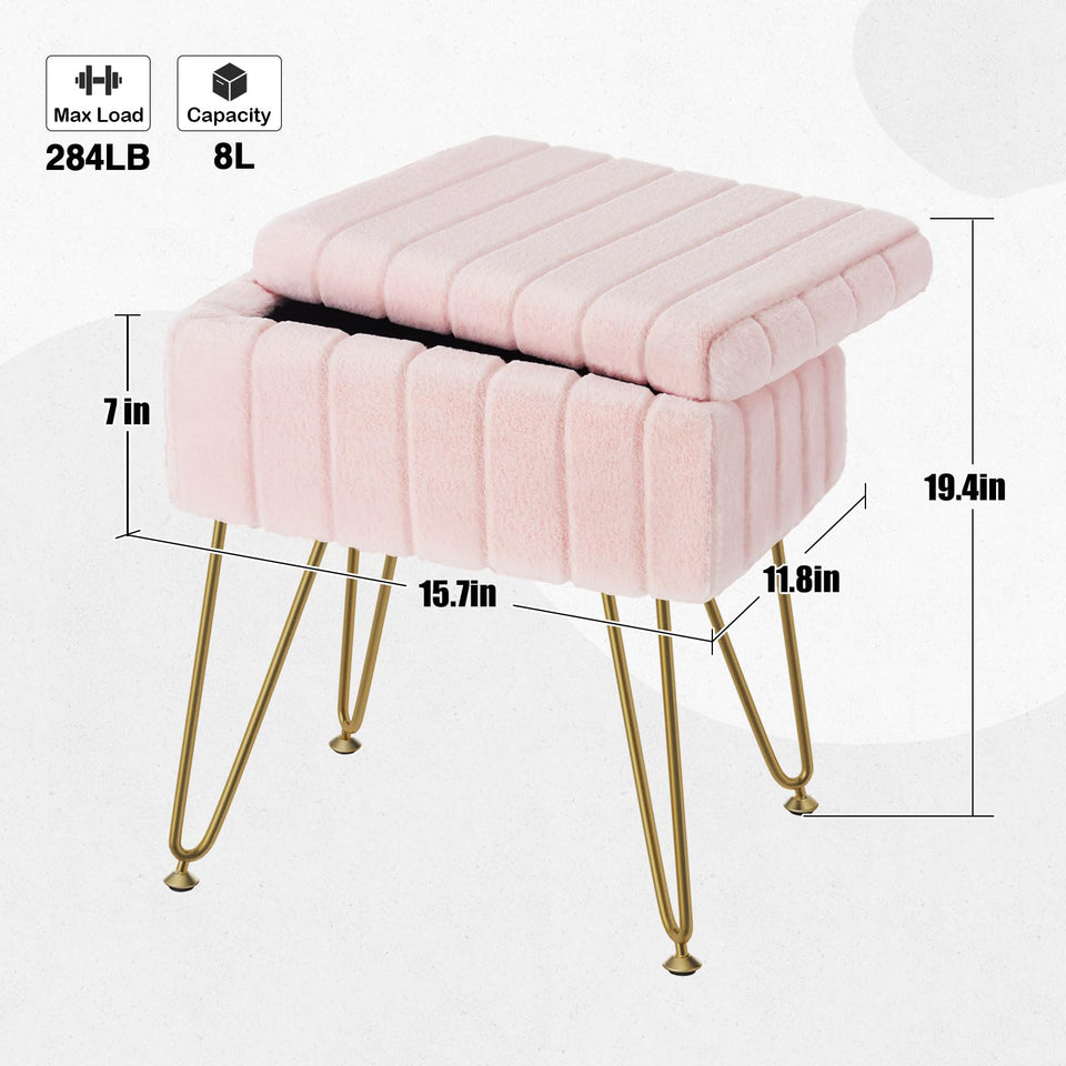Greenstell Vanity Stool Chair Faux Fur with Storage, 15.7"L x 11.8"W x 19.4"H Soft Ottoman 4 Metal Legs with Anti-Slip Feet, Furry Padded Seat, Modern Multifunctional Chairs for Makeup, Bedroom Pink