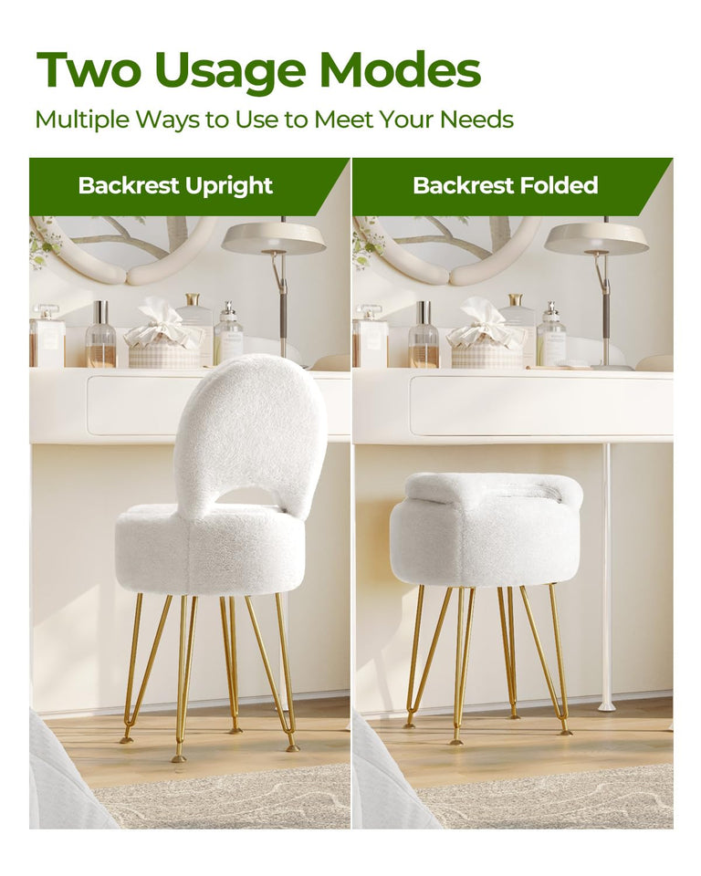 GREENSTELL Small Vanity Stool Chair with Storage and Folding Back, 13" x 13" x 17.7" Faux Fur Soft Ottoman for Teenager, 4 Metal Legs with Anti-Slip Feet, Furry Padded Seat for Makeup, Bedroom, White
