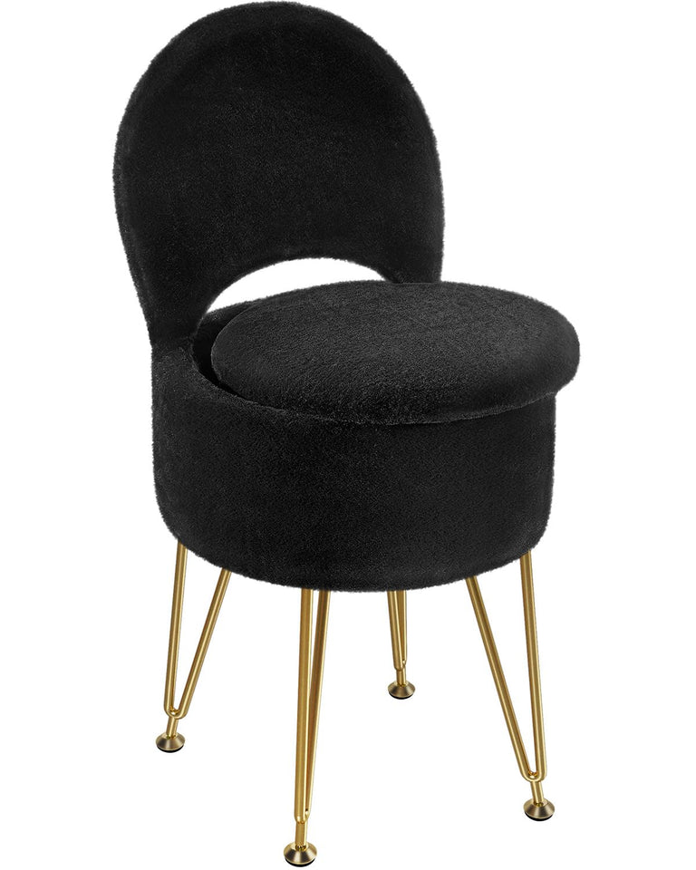 GREENSTELL Small Vanity Stool Chair with Storage and Folding Back, 13" x 13" x 17.7" Faux Fur Soft Ottoman for Teenager, 4 Metal Legs with Anti-Slip Feet, Furry Padded Seat for Makeup, Bedroom, White