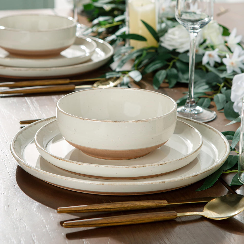 AmorArc Ceramic Dinnerware Sets for 8, 24 Pieces Handpainted Plates and Bowls Set with Rustic Terracotta Underside, Scratch Resistant Stoneware Dishes Set, Dishwasher & Microwave Safe, Light Beige