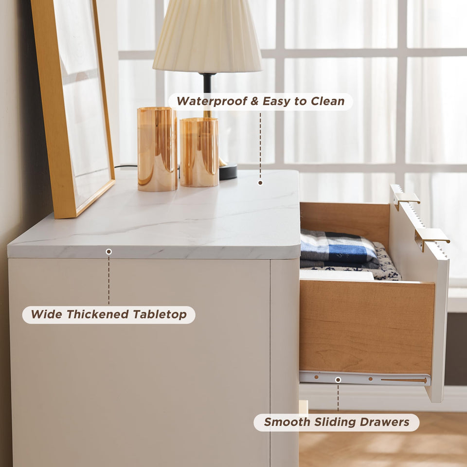 T4TREAM Fluted 7 Drawers Dresser, 54" Wide Modern Chest of Drawers with Faux Marble Top, Curved Profile Design, Dresser TV Stand, Wood Drawer Organizer for Bedroom, Living Room, Hallway, Natural Oak