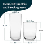 Libbey Ascent Tumbler and Rocks Drinking Glasses Set of 16, Glass Drinking Glasses with Curvature, Versatile Glassware Set for Parties and More