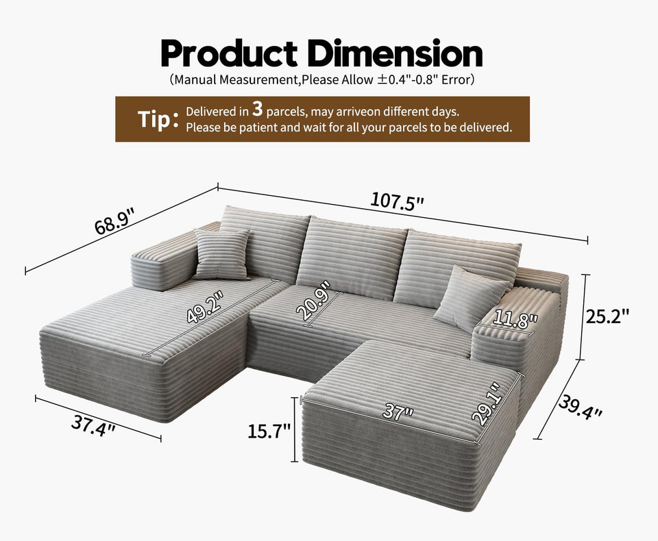135.4" Cloud Modular Sectional Couch with 1 Ottoman,Modern Minimalist Upholstered Couches, Comfort U Shaped Sofa for Living Room,Deep Seat Corner Couch，No Assembly Required (Black,Left Facing Chaise)
