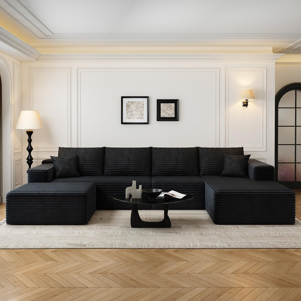 135.4" Cloud Modular Sectional Couch with 1 Ottoman,Modern Minimalist Upholstered Couches, Comfort U Shaped Sofa for Living Room,Deep Seat Corner Couch，No Assembly Required (Black,Left Facing Chaise)