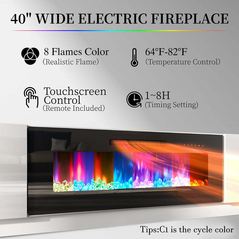 AMERLIFE Fireplace TV Stand with 36" Fireplace, 70" Modern High Gloss Fireplace Entertainment Center LED Lights, 2 Tier TV Console Cabinet for TVs Up to 80", Obsidian Black