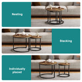 Smuxee Nesting Coffee Table Set of 2, 23.6" Round Coffee Table Wood Grain Top with Adjustable Non-Slip Feet, Industrial End Table Side Tables for Living Room Bedroom Balcony Yard