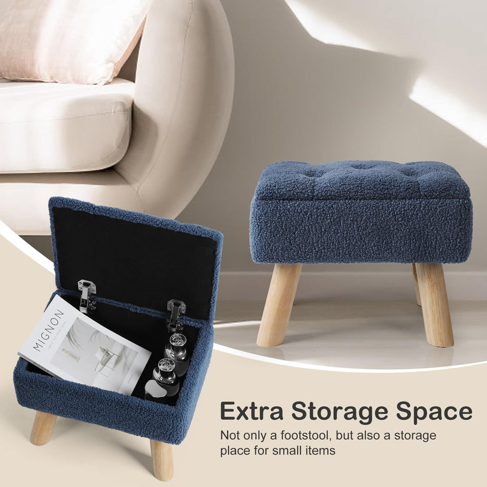 OGEMXU Storage Ottoman, Small Foot Stool Ottoman with Storage, Boucle Teddy Velvet Foot Rest with Padded Seat, Sturdy Wood Legs Stool for Living Room, Bedroom, Couch, Enterway (Cream)