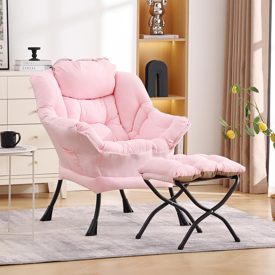 LITA Lazy Chair with Ottoman, Modern Accent Leisure Upholstered Lazy Sofa Armchair, Contemporary Lounge Reading Chair with Armrests and a Side Pocket for Living Room, Bedroom & Small Space, Dark Grey