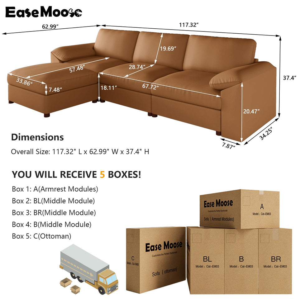 EASE MOOSE Leather Sectional Couch, Oversized Modular Sectional Sofas, Wide Deep Seat Modular Couch, Scratch Resistant Faux Leather Material, L Shaped Sofa for Big Spaces,Beige