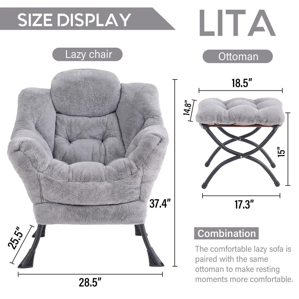 LITA Lazy Chair with Ottoman, Modern Accent Leisure Upholstered Lazy Sofa Armchair, Contemporary Lounge Reading Chair with Armrests and a Side Pocket for Living Room, Bedroom & Small Space, Dark Grey