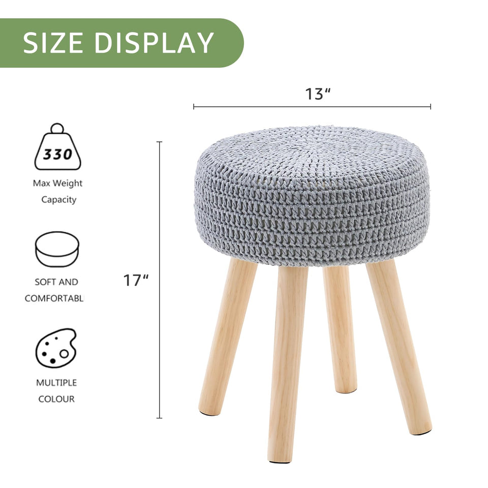 Wimarsbon Pouf Ottoman, 100% Cotton Knitted Boho Footstool, Round Footrest with Non-Skid Wood Legs, Home Décor Handmade Pouffe, Leisure Floor Step Stool for Living Room (Beige)
