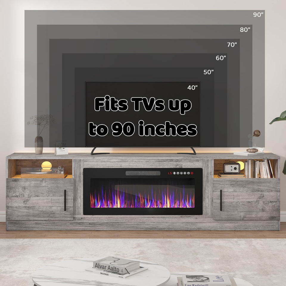 Lemberi Fireplace tv Stand with 36 inch Fireplace Up to 90" TVs, LED Light Entertainment Center and Storage, 80" Modern Wood Media TV Console with Highlight Cabinet for Living Room (White)