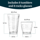 Libbey Ascent Tumbler and Rocks Drinking Glasses Set of 16, Glass Drinking Glasses with Curvature, Versatile Glassware Set for Parties and More