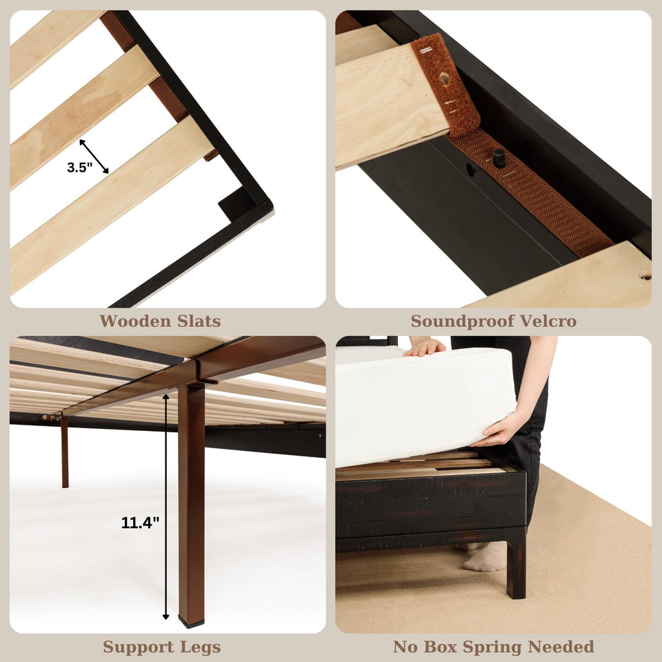 Bme Vivian 14 Inch Deluxe Bed Frame with Headboard, Rustic & Scandinavian Style with Solid Acacia Wood, No Box Spring Needed, 12 Strong Wood Slat Support, Easy Assembly, King, Rustic Golden Brown