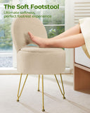 GREENSTELL Small Vanity Stool Chair with Storage and Folding Back, 13" x 13" x 17.7" Faux Fur Soft Ottoman for Teenager, 4 Metal Legs with Anti-Slip Feet, Furry Padded Seat for Makeup, Bedroom, White