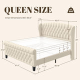 HISOFT Queen Bed Frame, 39" Tall Velvet Upholstered Sleigh Bed with Wingback Headboard & Scroll Footboard, No Box Spring Needed, Sturdy Support, Easy Assembly, Noise Free, Button Tufted, White