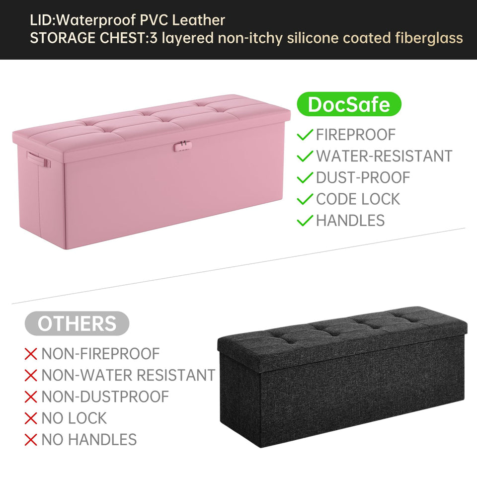 DocSafe Storage Ottoman with Lock,Fireproof Folding Ottoman Foot Rest Stool Storage Chest with Storage Safe for Important Documents,Waterproof 17 Inches Short Ottoman Foot Stool with Handles,Black