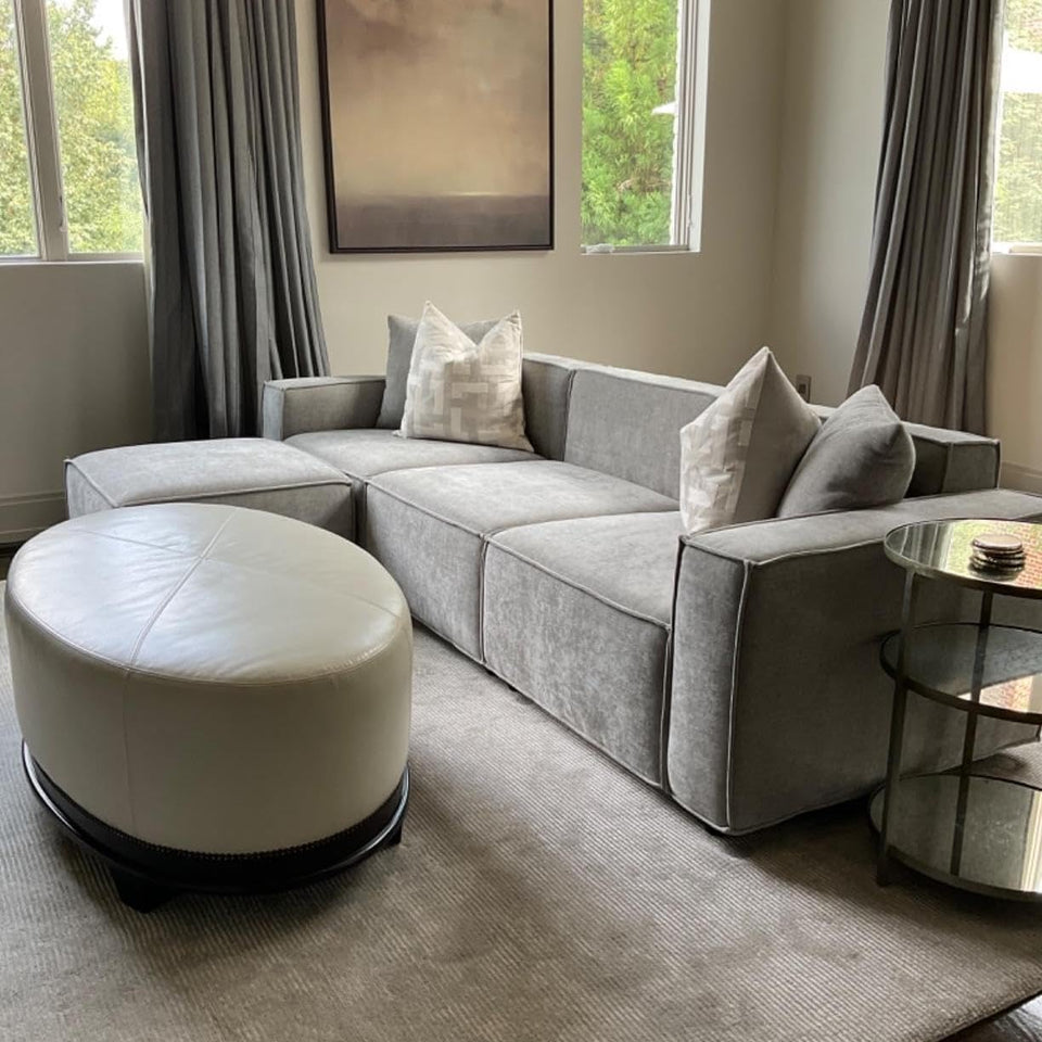 Acanva Luxury Modular Sectional Living Room Sofa Set, Modern Minimalist Style Couch with Ottoman and Chaise, L-Shape, Linen-Like Cream