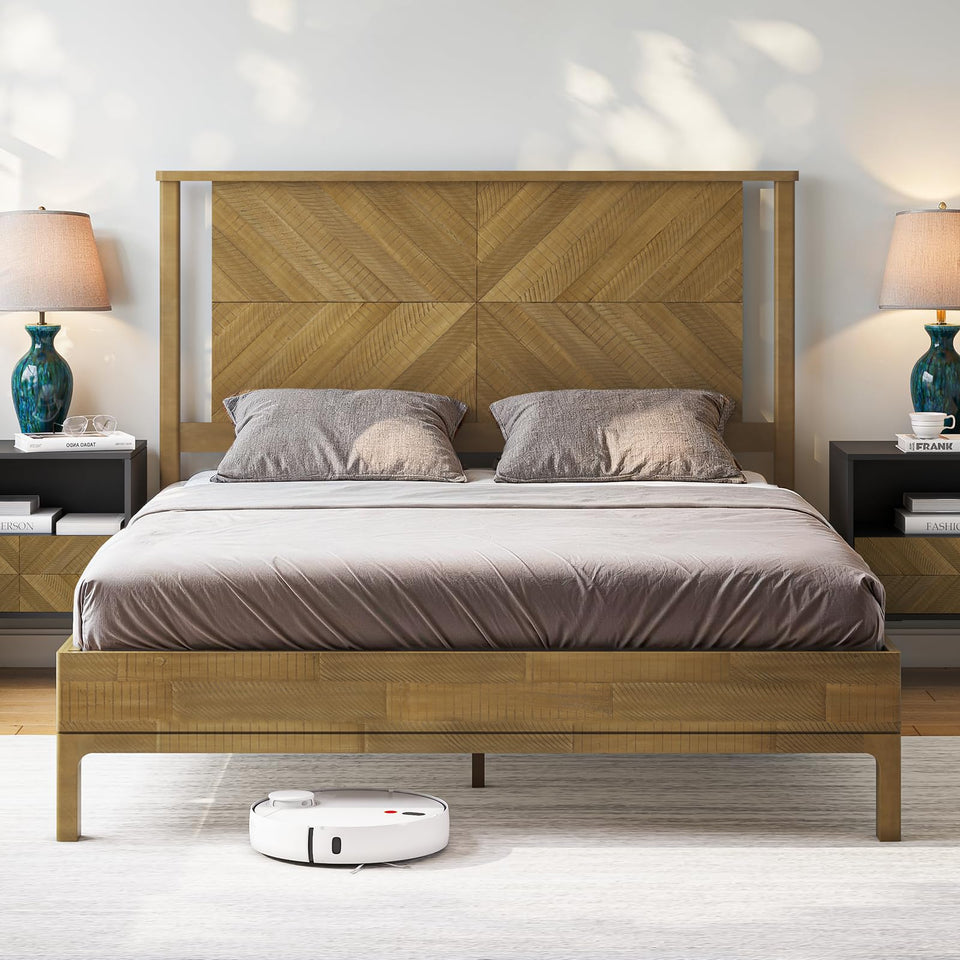 Bme Vivian 14 Inch Deluxe Bed Frame with Headboard, Rustic & Scandinavian Style with Solid Acacia Wood, No Box Spring Needed, 12 Strong Wood Slat Support, Easy Assembly, King, Rustic Golden Brown