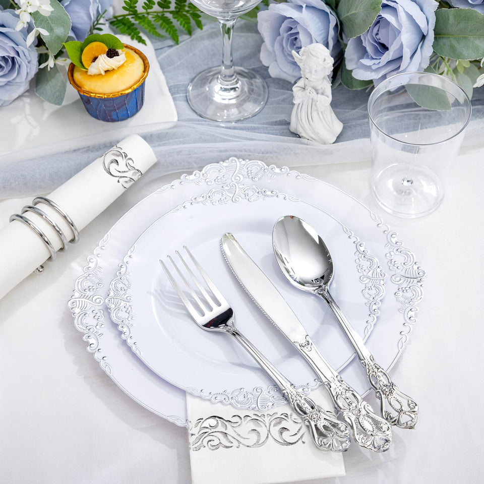 YOUBET 700PCS Silver Plastic Plates - White and Silver Disposable Plates - Silvery Plastic Dinnerware Set - Include 200 Plates, 300 Heavy Duty Silverware, 100 Cups and 100 Napkins for Wedding & Party