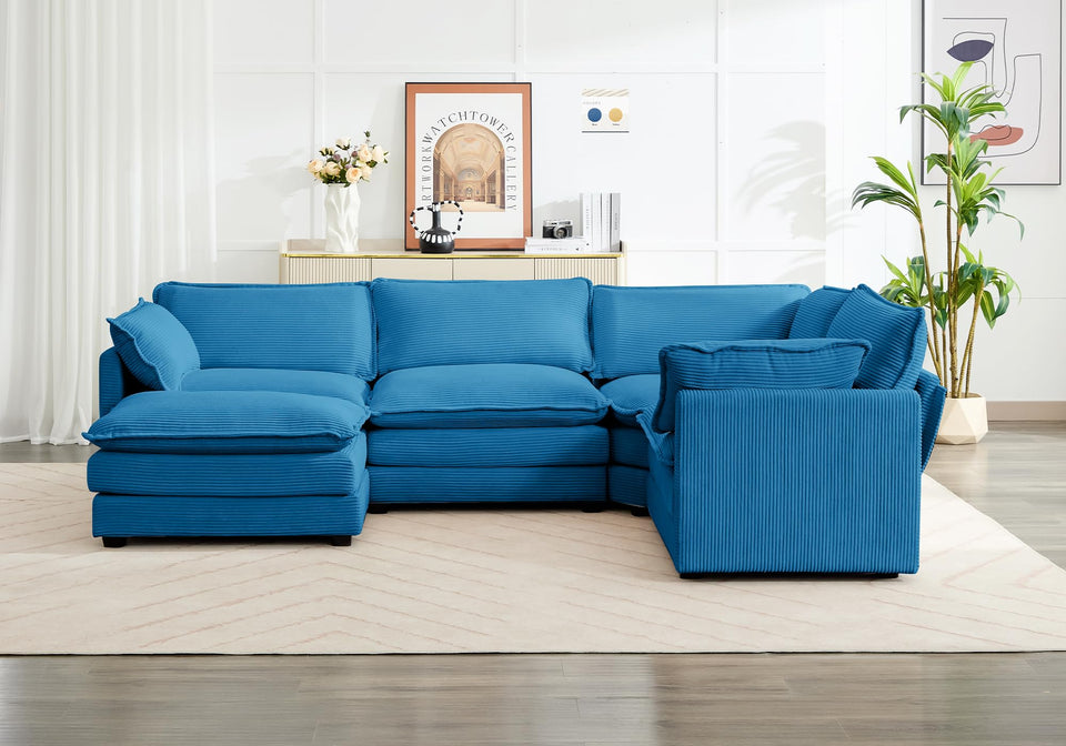 ROWHY 150'' Modular Sectional Sofa Cloud Couch, Corner Sofa Big Comfy Corduroy Oversized L Shaped Couch with 4 Pillows, Chaise, Ottoman, Deep Seat Couches for Living Room Office, Dark Grey