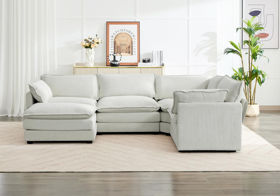 ROWHY 150'' Modular Sectional Sofa Cloud Couch, Corner Sofa Big Comfy Corduroy Oversized L Shaped Couch with 4 Pillows, Chaise, Ottoman, Deep Seat Couches for Living Room Office, Dark Grey