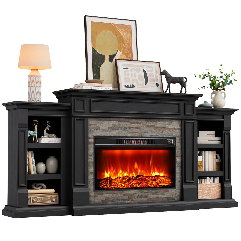 80" Fireplace TV Stand for TVs Up to 90 Inch, Electric Fireplace with Mantel, Farmhouse Entertainment Center with Storage, Realistic Stacked Stone Surround with Remote Control for Living Room