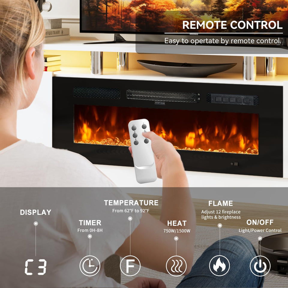 OneBlis 70" TV Stand for Living Room, Modern Entertainment Center & Media Console, Fits TVs up to 80", Storage Cabinet with Shelves, 36" Electric Fireplace with LED Flame (All Black)