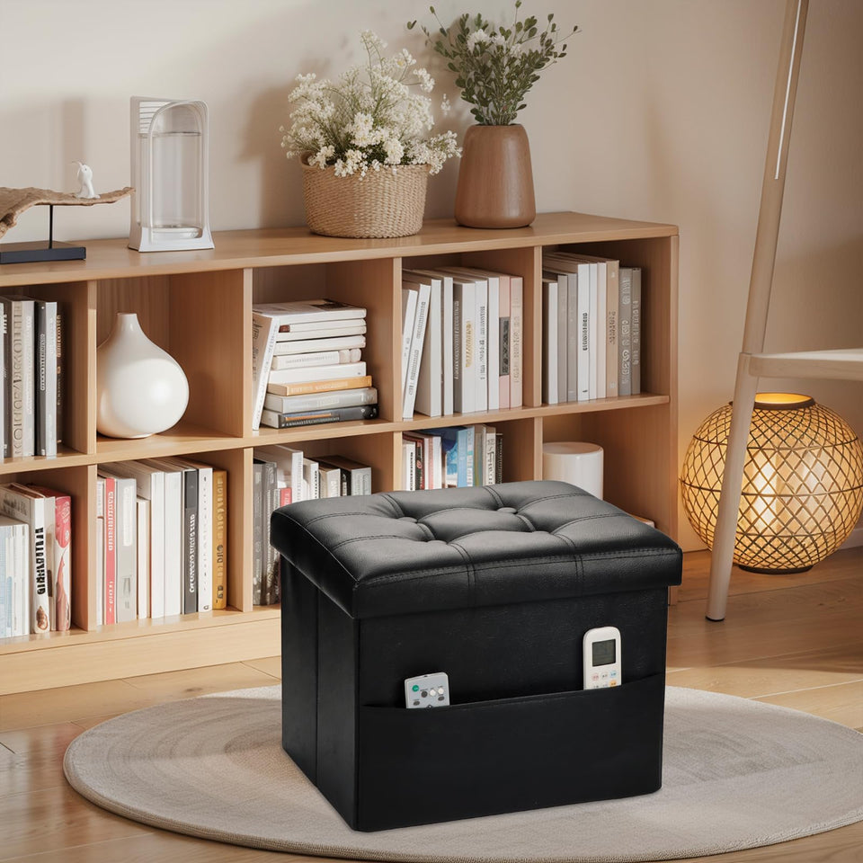 Bsketa Storage Ottoman, Folding Foot Stool with Thicker Foam Padded Seat Small Leather Storage Ottoman Bench Foot Rest for Living Room Foldable Coffee Table 17x13x13in,Black