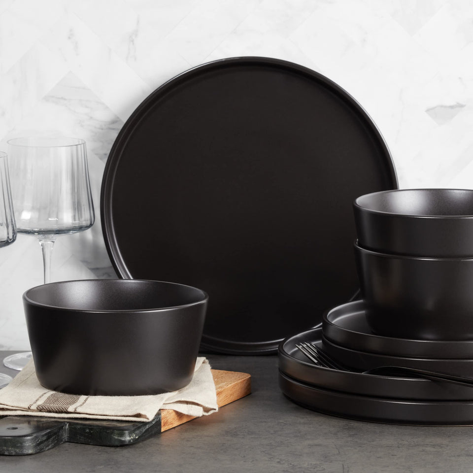 Stone Lain Celina Stoneware 32 Piece Dinnerware Set, Plates and Bowls, Black Matte Dish Collection, Service for 8 – Contemporary Minimalist Style, Microwave & Dishwasher Safe
