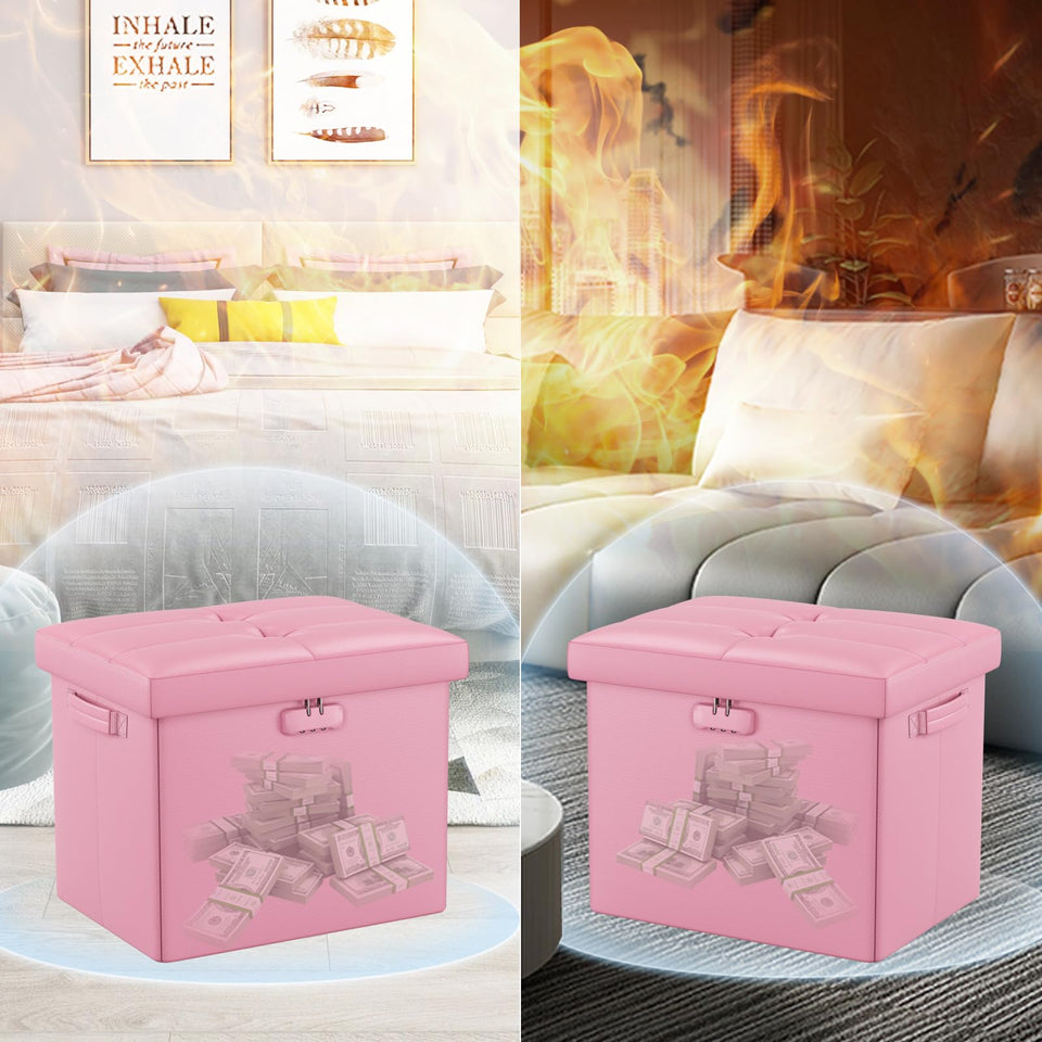 DocSafe Storage Ottoman with Lock,Fireproof Folding Ottoman Foot Rest Stool Storage Chest with Storage Safe for Important Documents,Waterproof 17 Inches Short Ottoman Foot Stool with Handles,Black