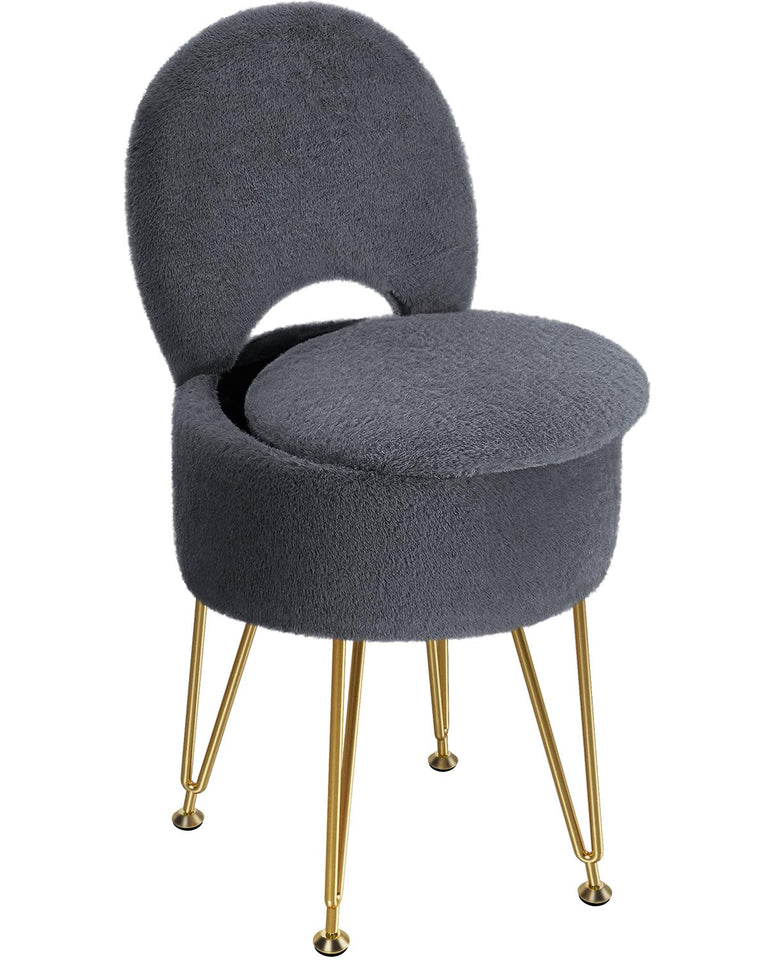 GREENSTELL Small Vanity Stool Chair with Storage and Folding Back, 13" x 13" x 17.7" Faux Fur Soft Ottoman for Teenager, 4 Metal Legs with Anti-Slip Feet, Furry Padded Seat for Makeup, Bedroom, White