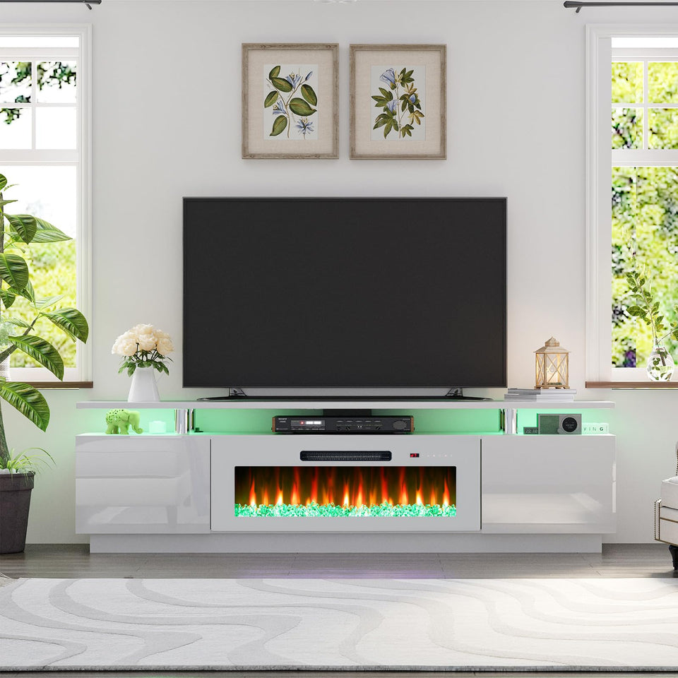 AMERLIFE Fireplace TV Stand with 36" Fireplace, 70" Modern High Gloss Fireplace Entertainment Center LED Lights, 2 Tier TV Console Cabinet for TVs Up to 80", Obsidian Black