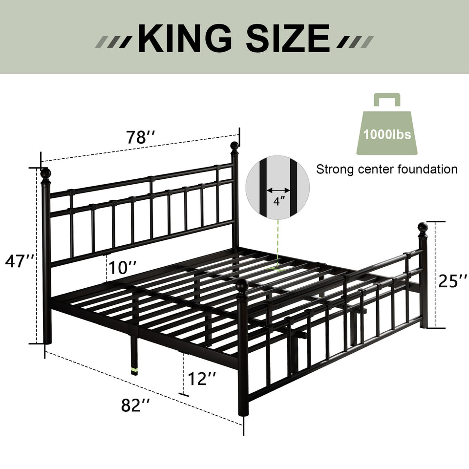 Feonase King Size Metal Platform Bed Frame with Victorian Classic Iron-Art Headboard & Footboard, Steel Slats Support, 12" Under Bed Storage, No Box Spring Needed, Easy Assembly, Noise-Free, Black