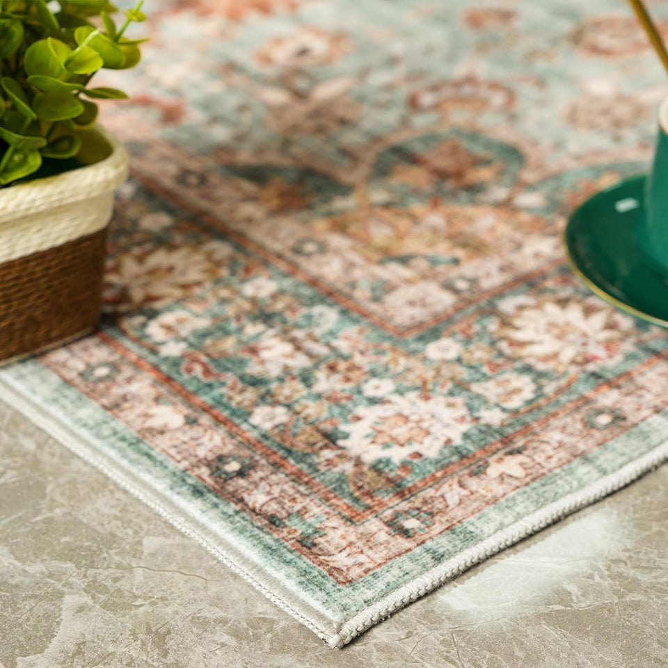 TOPRUUG Washable Oriental Area Rug - 12x15 Rugs for Living Room Soft Carpet for Bedroom Waterproof Floral Distressed Indoor Stain Resistant Non-Shedding Floor Carpets (Green, 12x15)