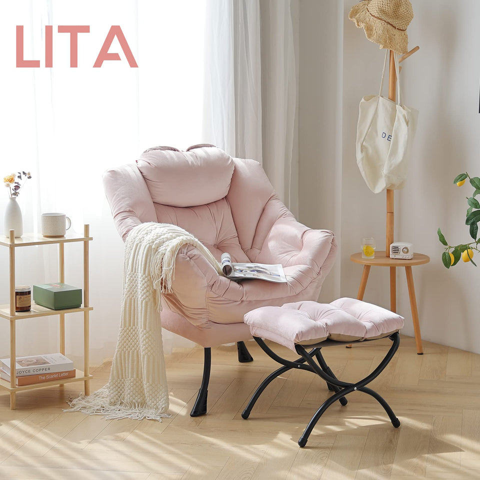 LITA Lazy Chair with Ottoman, Modern Accent Leisure Upholstered Lazy Sofa Armchair, Contemporary Lounge Reading Chair with Armrests and a Side Pocket for Living Room, Bedroom & Small Space, Dark Grey