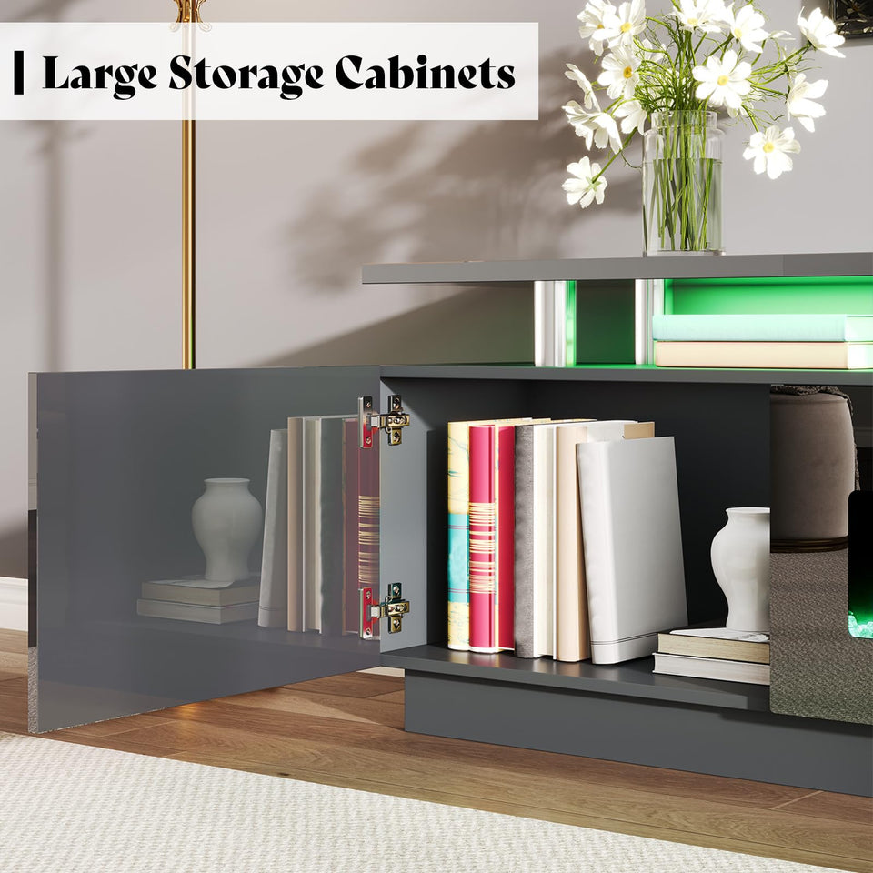 AMERLIFE Fireplace TV Stand with 36" Fireplace, 70" Modern High Gloss Fireplace Entertainment Center LED Lights, 2 Tier TV Console Cabinet for TVs Up to 80", Obsidian Black