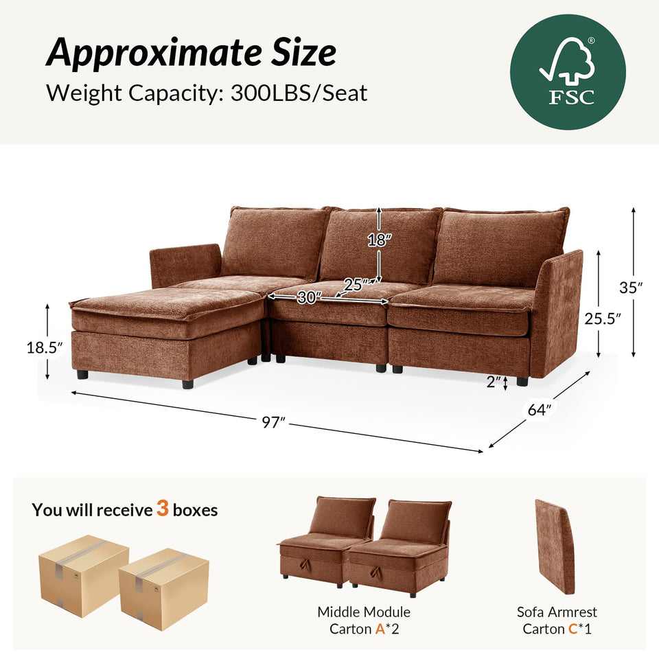 HULALA HOME 127'' Modular Sectional Sofa, Oversized U Shaped Couch with Storage Ottoman, Comfy Chenille Sofa with Deep Seat, 6 Seat Convertible Couches for Living Room, Beige