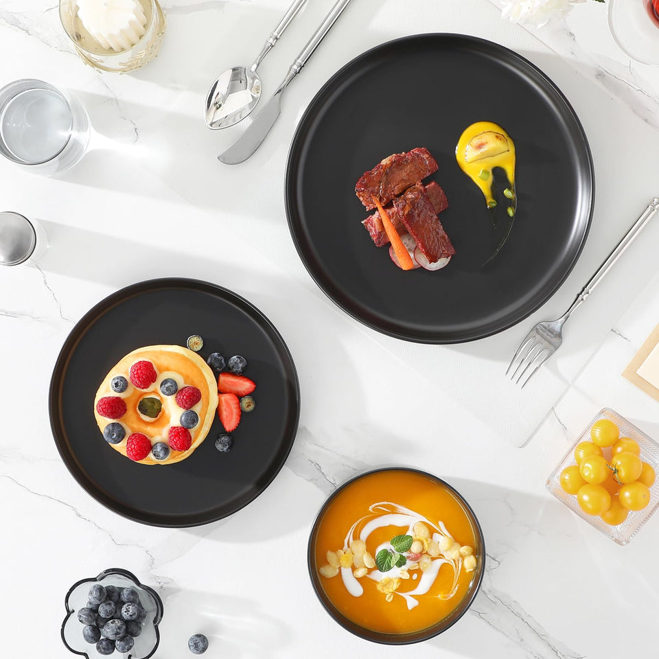 MALACASA Plates and Bowls Sets, 24 Pieces Modern Porcelain Dinnerware Set for 6 Ceramic Dishware Dishes White Kitchen Dinner Dining Ware Set wtih Black Rim Microwave and Dishwasher Safe, Series LUNA