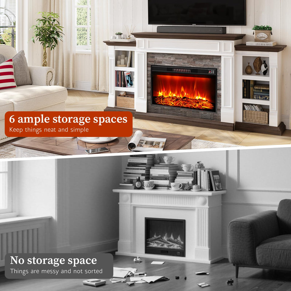 80" Fireplace TV Stand for TVs Up to 90 Inch, Electric Fireplace with Mantel, Farmhouse Entertainment Center with Storage, Realistic Stacked Stone Surround with Remote Control for Living Room