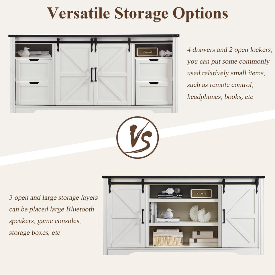 JXQTLINGMU Farmhouse TV Stand for 75+ Inch TV, 32" Tall Entertainment Center w/4 Drawers & Sliding Barn Door, Rustic Media Console w/Storage Shelves, 66" Wood Television Stand for Living Room, Brown