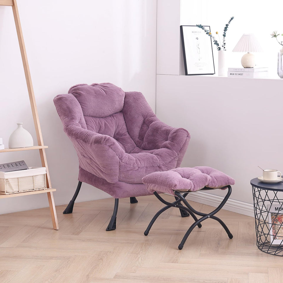 LITA Lazy Chair with Ottoman, Modern Accent Leisure Upholstered Lazy Sofa Armchair, Contemporary Lounge Reading Chair with Armrests and a Side Pocket for Living Room, Bedroom & Small Space, Dark Grey