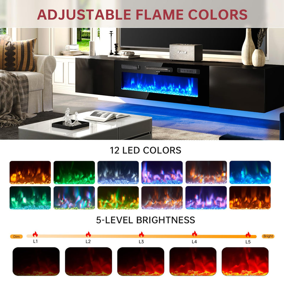 oneinmil 70" Floating TV Stand with 36" Electric Fireplace, Wall Mounted Fireplace Entertainment Center with Storage, Fire Place TV Console for Living Room, All Black