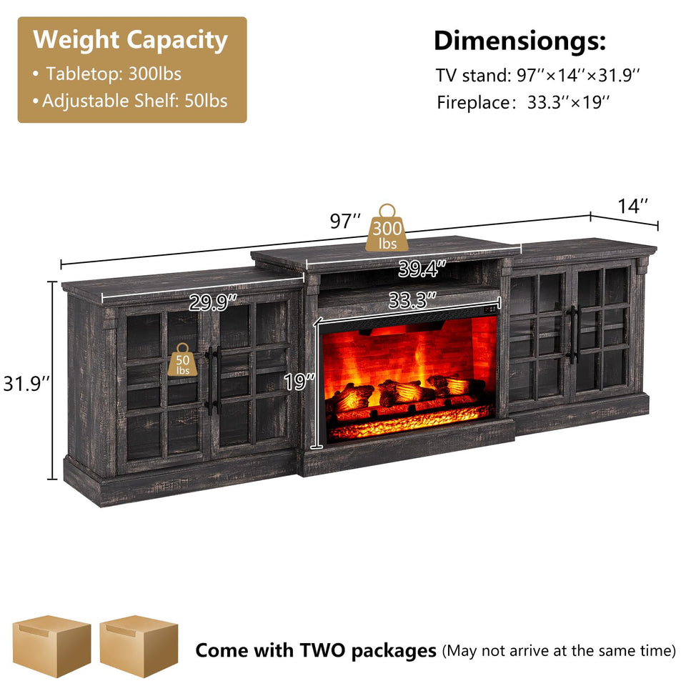 LUXOAK 97" Farmhouse TV Stand with 33" Fireplace for TVs up to 100", Media Entertainment Center with Large Storage Cabinet and Adjustable Shelves for Living Room, White/Barnwood