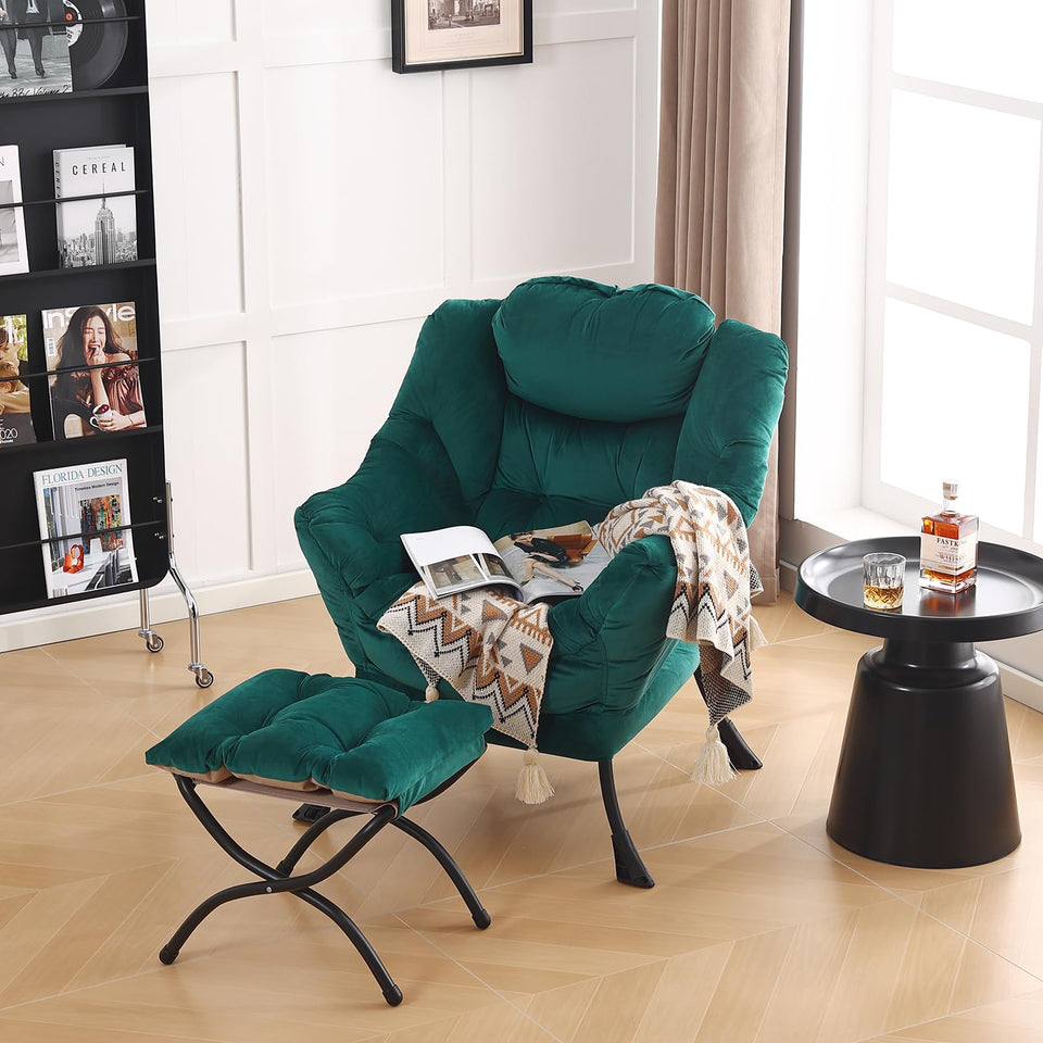 LITA Lazy Chair with Ottoman, Modern Accent Leisure Upholstered Lazy Sofa Armchair, Contemporary Lounge Reading Chair with Armrests and a Side Pocket for Living Room, Bedroom & Small Space, Dark Grey