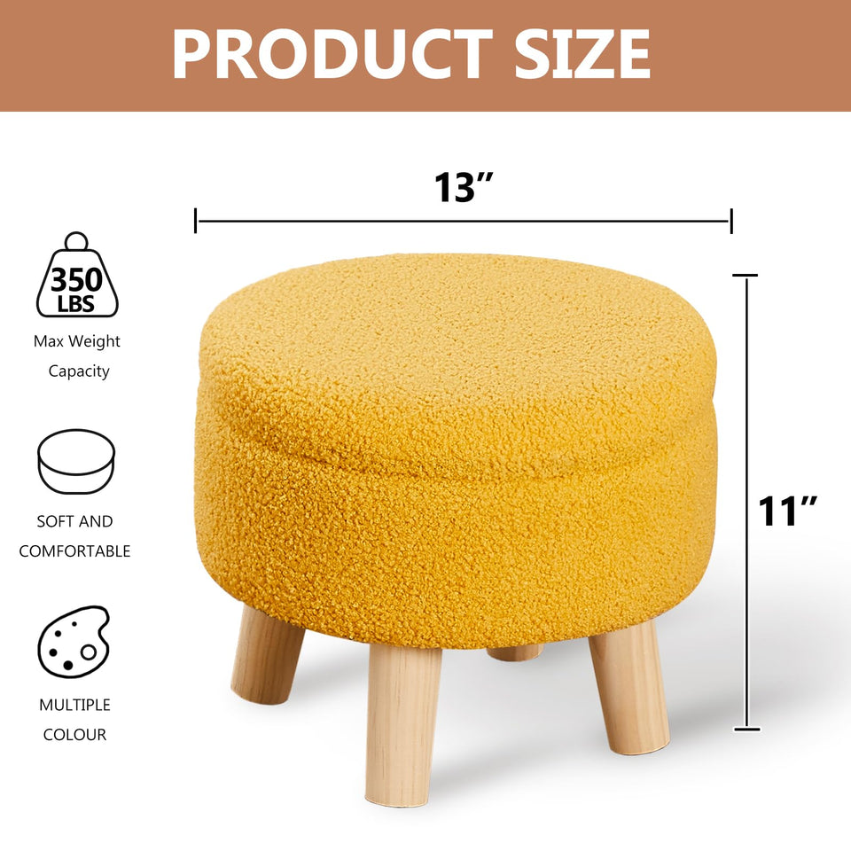 Wimarsbon Storage Ottoman, Modern Round Footrest with Soft Padded Seat, Teddy Velvet Footstool with Wood Legs, Accent Small Table or Plant Stand for Hallway, Living Room (Cream)
