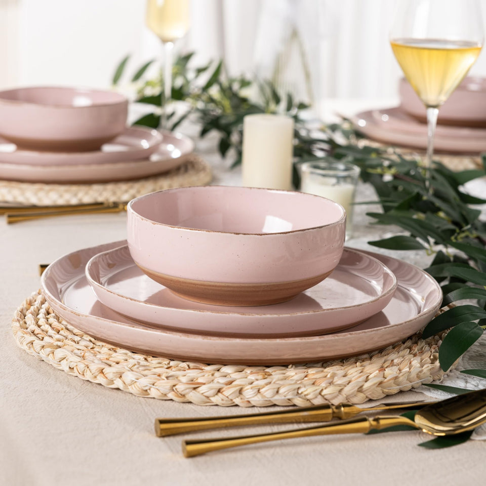 AmorArc Ceramic Dinnerware Sets for 8, 24 Pieces Handpainted Plates and Bowls Set with Rustic Terracotta Underside, Scratch Resistant Stoneware Dishes Set, Dishwasher & Microwave Safe, Light Beige